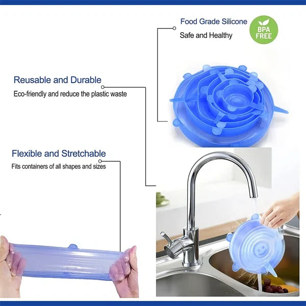 6-Piece Reusable Silicone Stretch Lids – Universal Food Storage Covers for Bowls, Cups & Containers